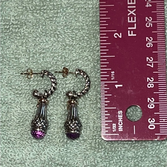 ESTATE STERLING SILVER /14K YELLOW GOLD AMETHYST SHRIMP DANGLE EARRINGS - Picture 5 of 5